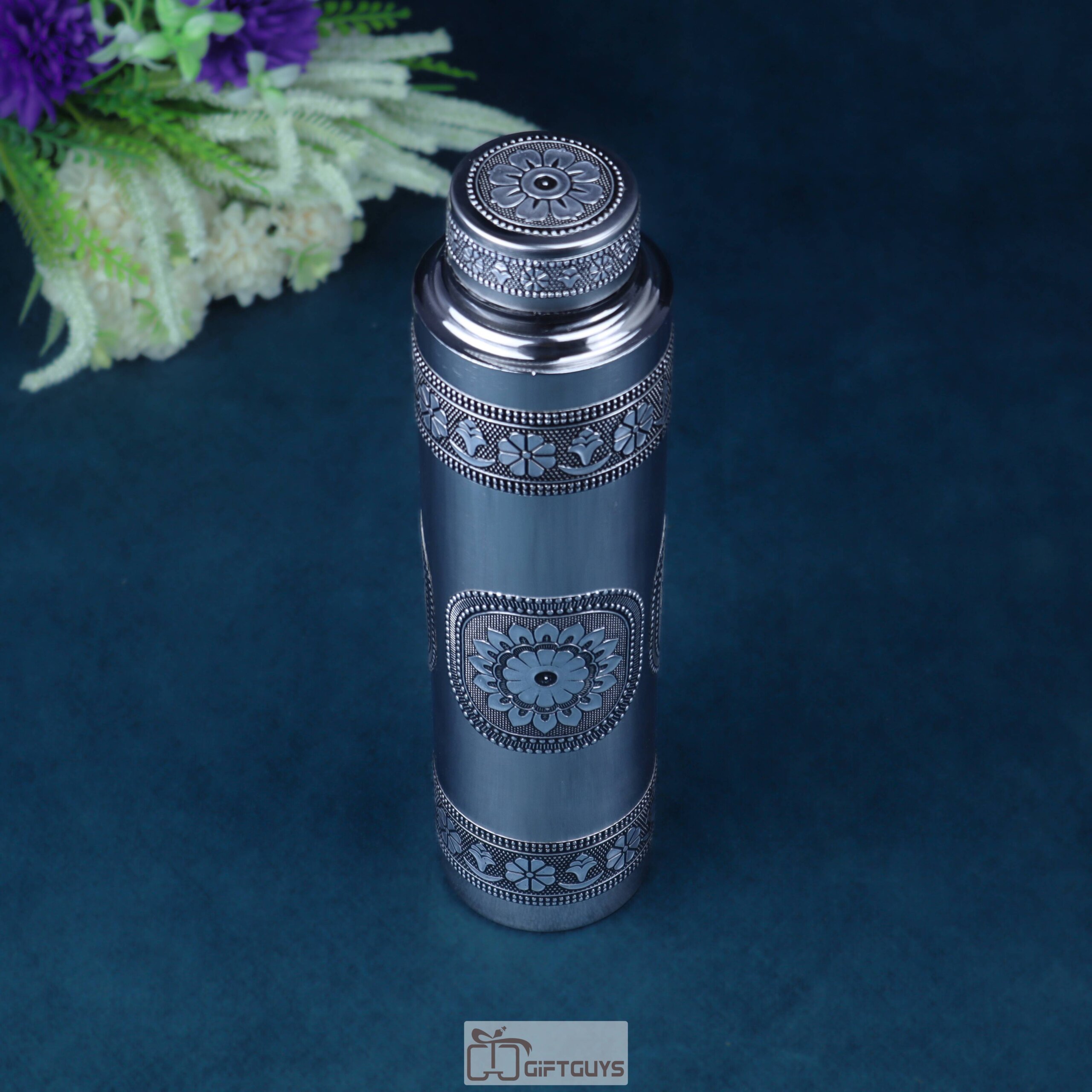 Oxidised Stainless Steel Water Bottle 1 Liter | Traditional Floral Design | Leakproof - Image 3