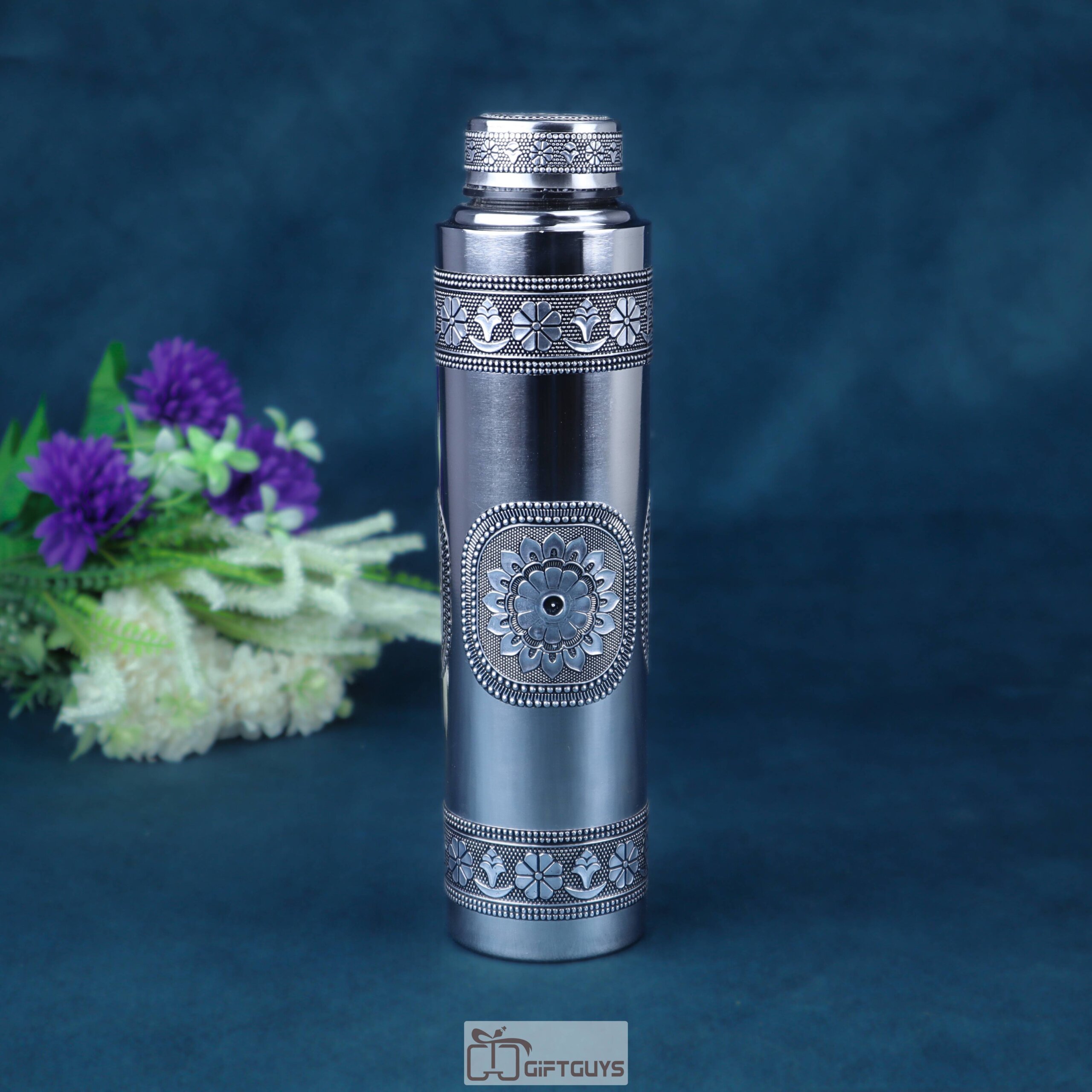Oxidised Stainless Steel Water Bottle 1 Liter | Traditional Floral Design | Leakproof