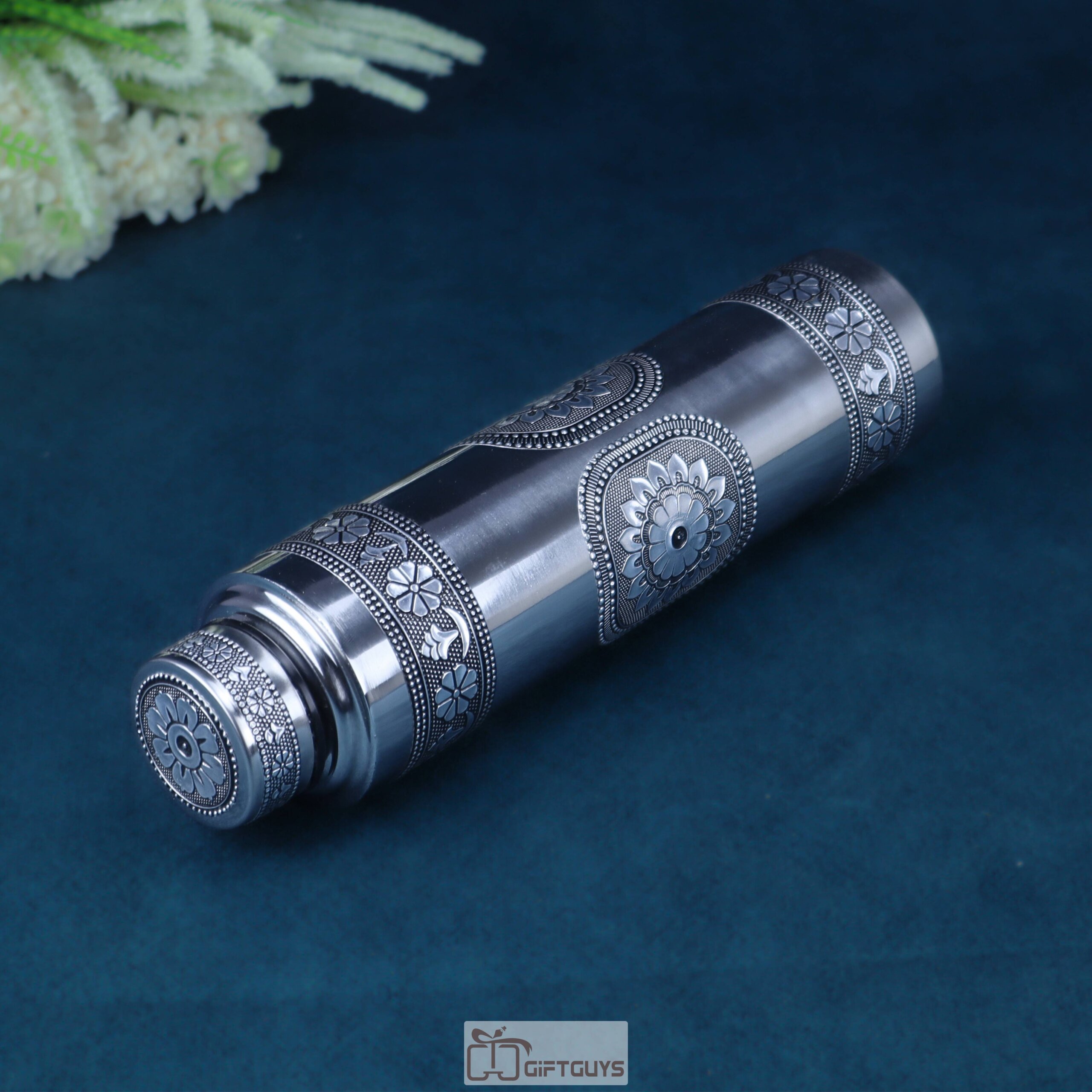 Oxidised Stainless Steel Water Bottle 1 Liter | Traditional Floral Design | Leakproof - Image 4