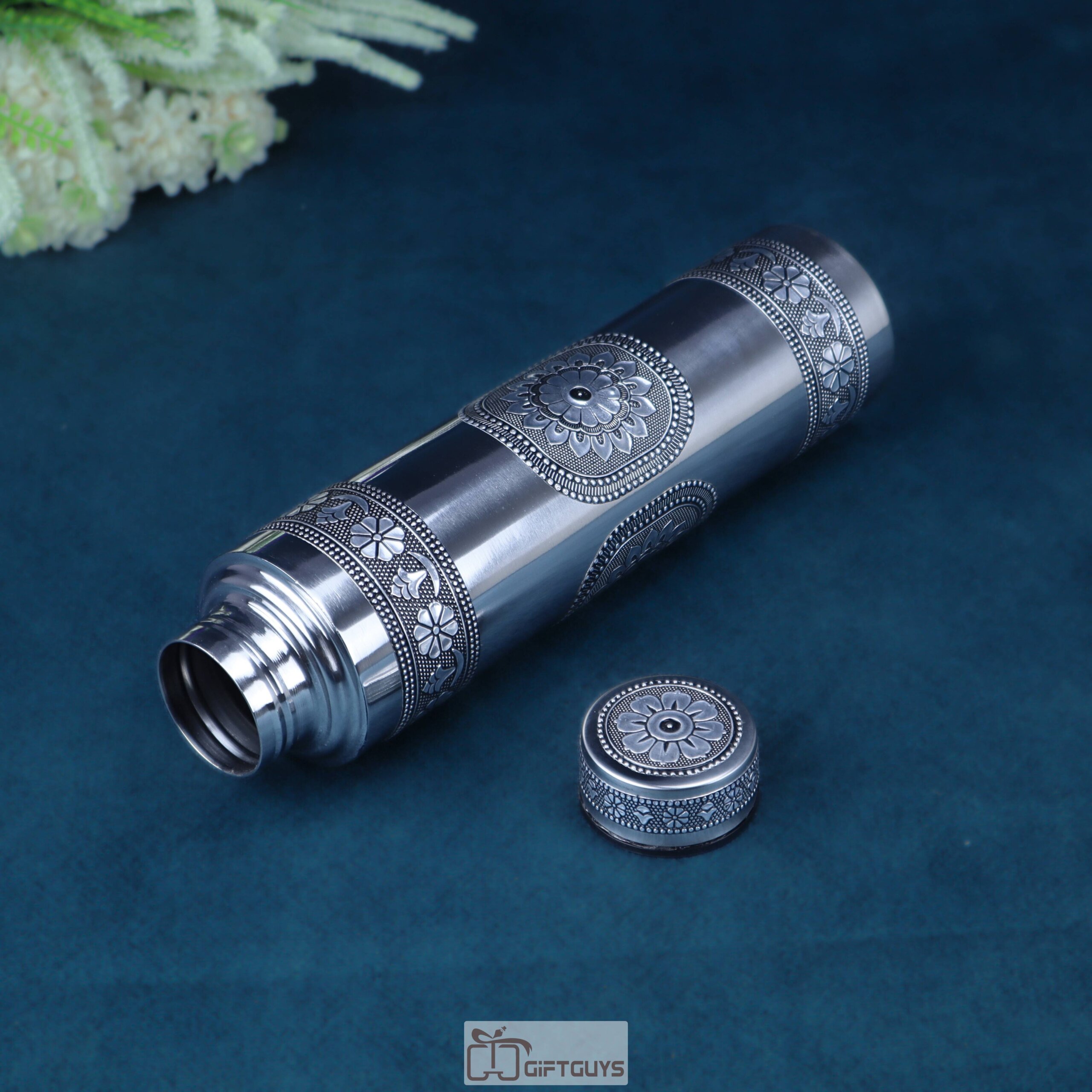 Oxidised Stainless Steel Water Bottle 1 Liter | Traditional Floral Design | Leakproof - Image 2