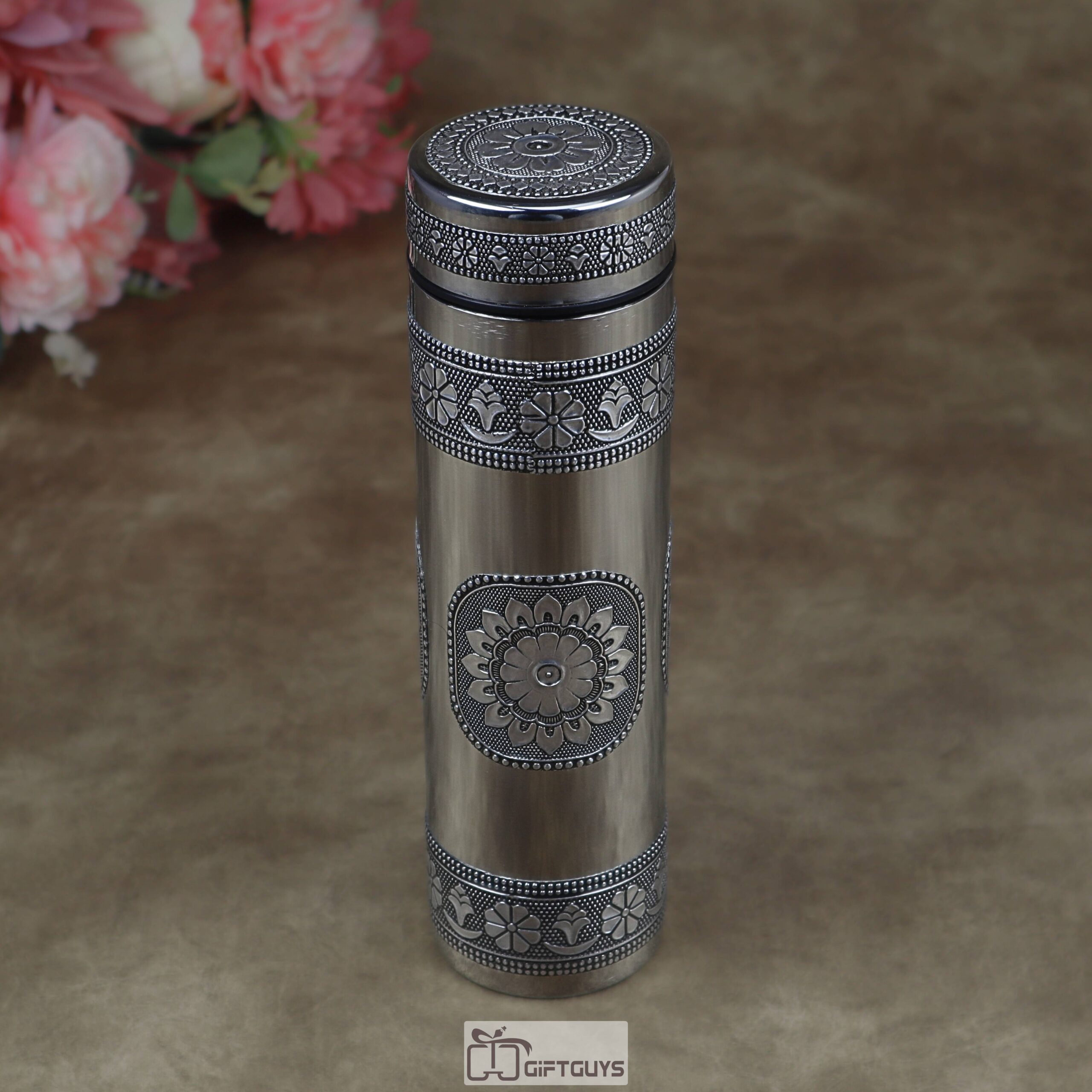Oxidised Floral Embossed Stainless Steel Water Bottle - Leak Proof, BPA Free, Travel Mug | 750 ML - Image 2