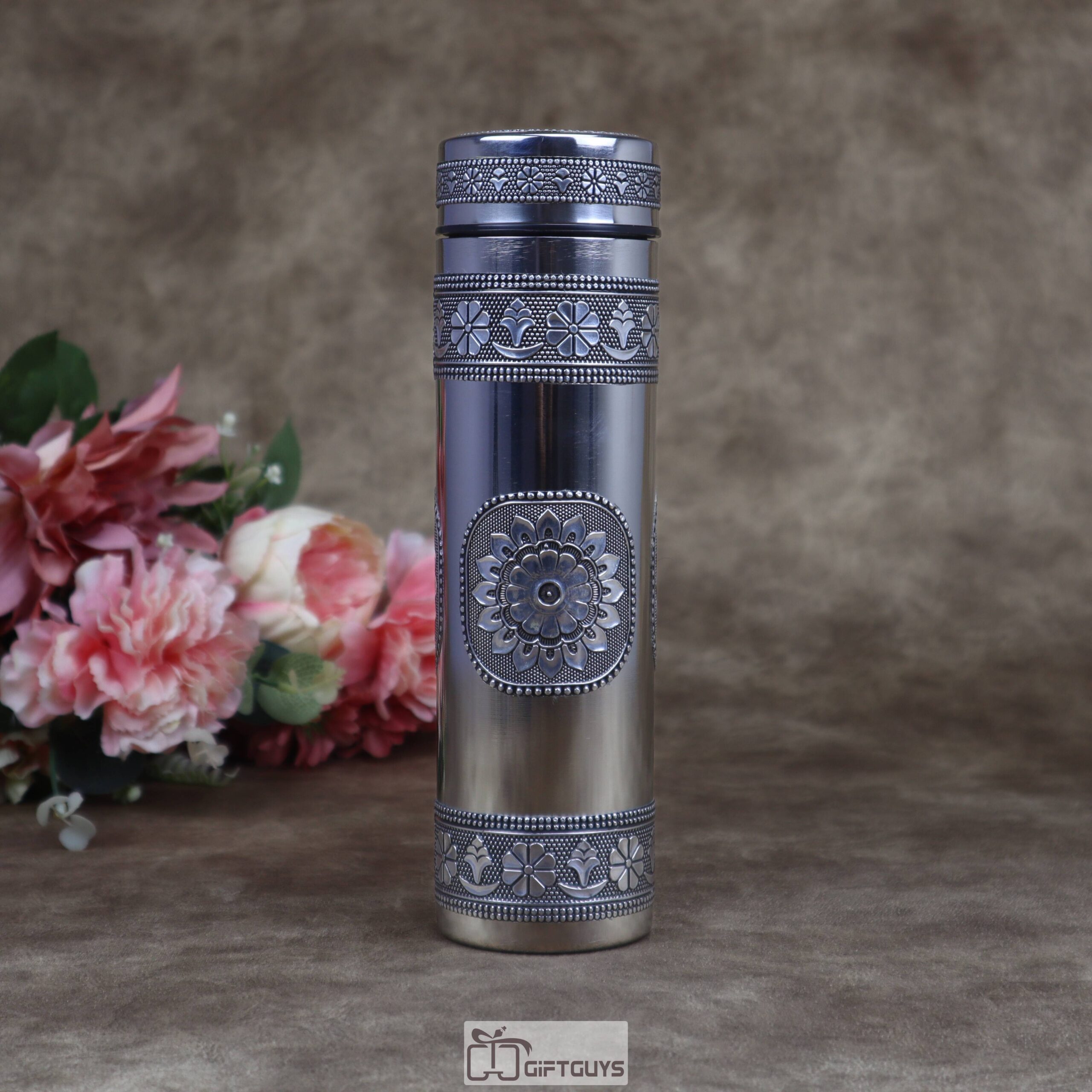 Oxidised Floral Embossed Stainless Steel Water Bottle - Leak Proof, BPA Free, Travel Mug | 750 ML