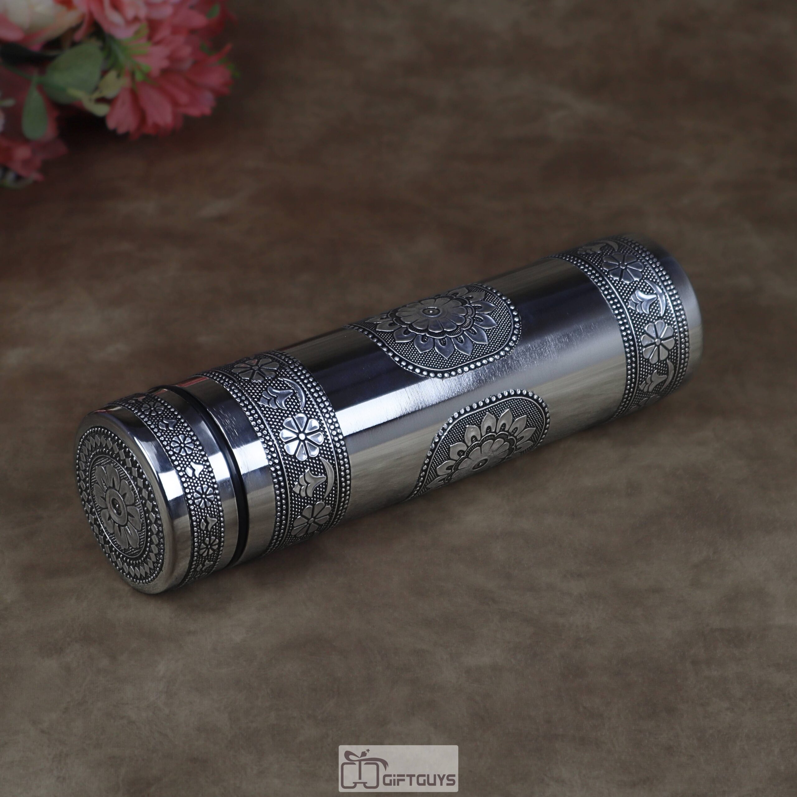 Oxidised Floral Embossed Stainless Steel Water Bottle - Leak Proof, BPA Free, Travel Mug | 750 ML - Image 4