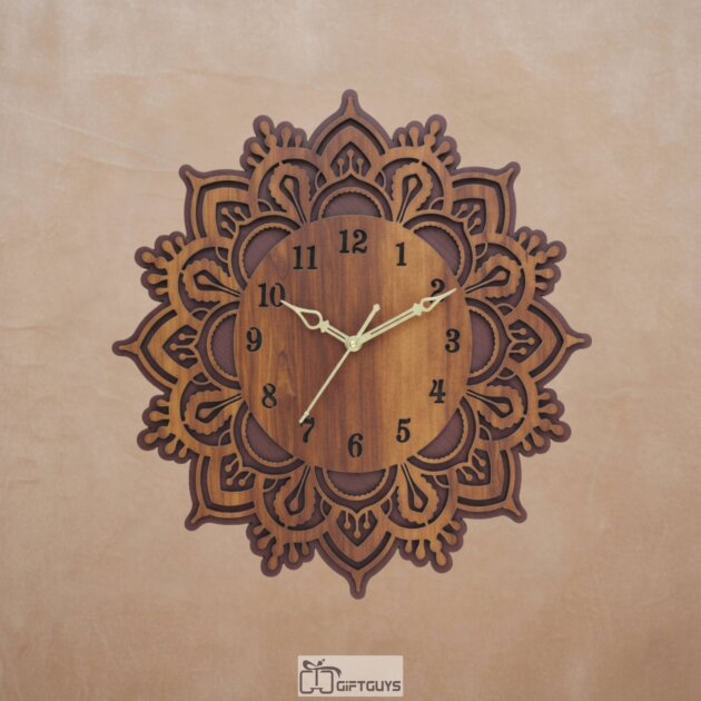 15.5 Inch Wooden Mandala Wall Clock | Layered Carved Wood Design | Silent Non-Ticking Home Decor Clock