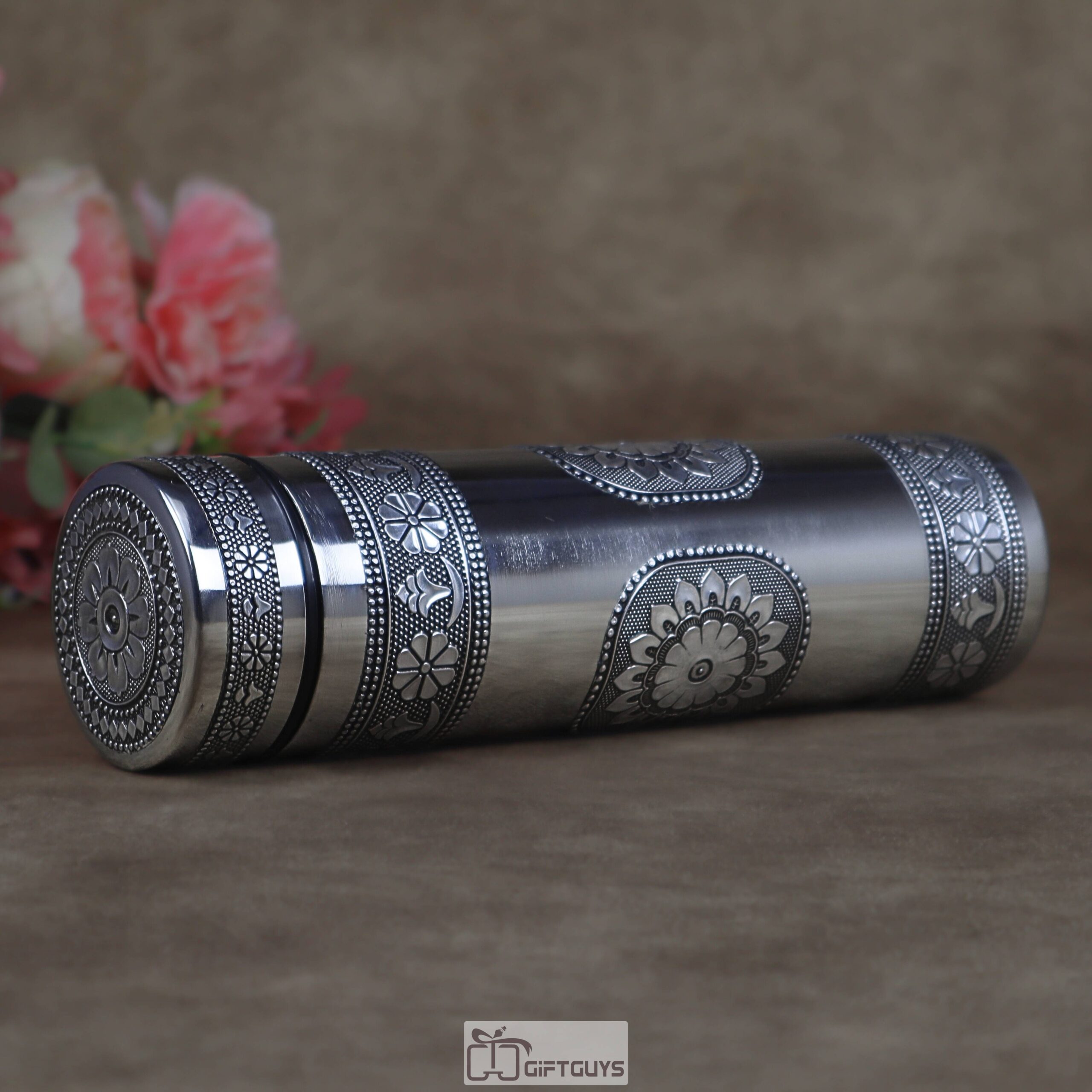 Oxidised Floral Embossed Stainless Steel Water Bottle - Leak Proof, BPA Free, Travel Mug | 750 ML - Image 5