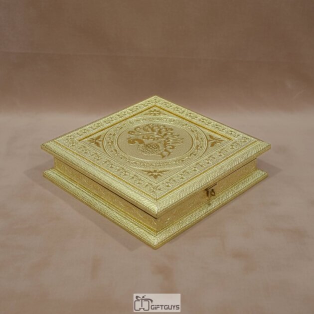 Golden Wooden Dry Fruit Box with 4 Compartments – 8x8 Inch | Decorative Gift Box | GiftGuys
