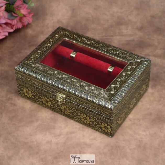 Wooden Bangle Box with Glass Top, Velvet Interior & 2 Rods – 11x8 Inch