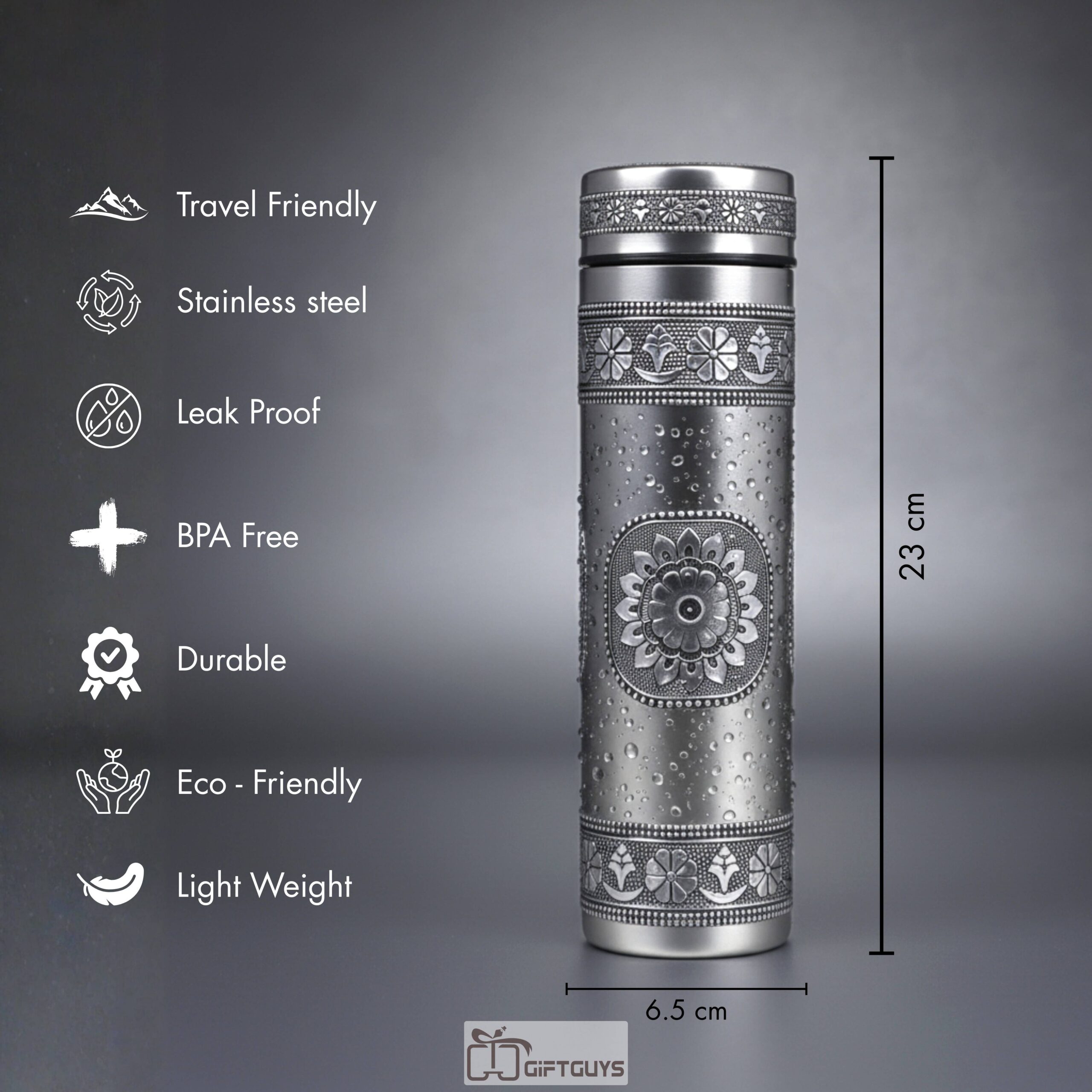 Oxidised Floral Embossed Stainless Steel Water Bottle - Leak Proof, BPA Free, Travel Mug | 750 ML - Image 6