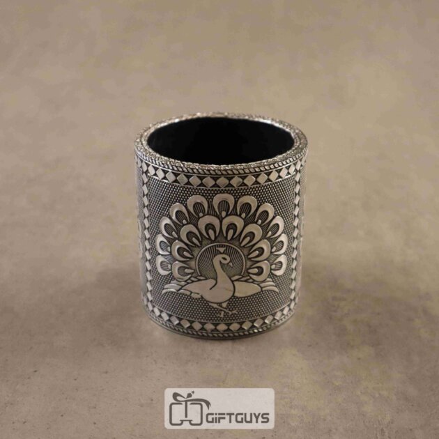 Pen Stand Silver Oxidised Peacock Design