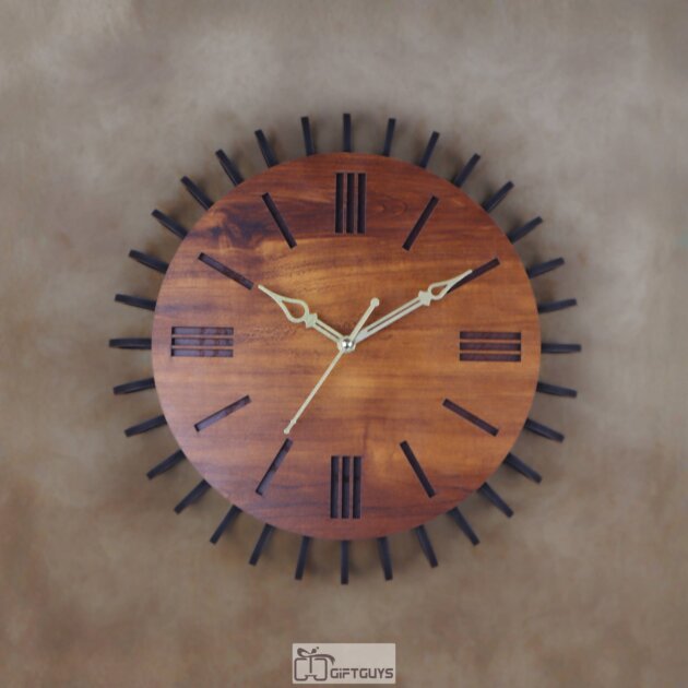 Modern Wooden Wall Clock | 12.5 inch Radial Sunburst Design | Mid-Century Style Decorative Timepiece