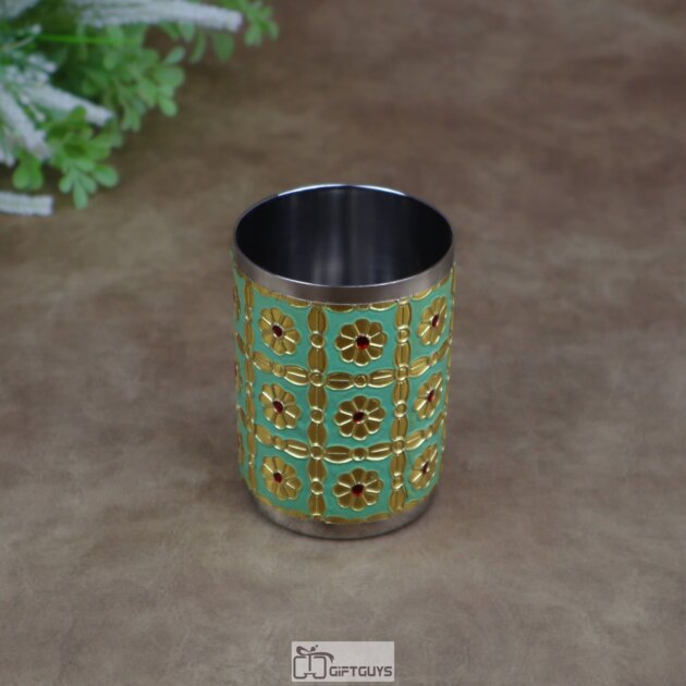 Green Meenakari Floral Stainless Steel Glass – 250 ml Handcrafted Tumbler for Festive & Daily Use