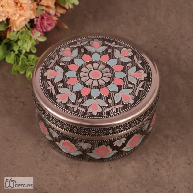 Premium Meenakari Steel Box 5.5″ x 2.5″ | Handcrafted Floral Enamel Storage Container