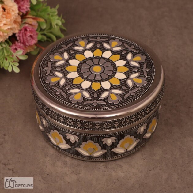 Premium Meenakari Steel Box 5.5″ x 2.5″ | Handcrafted Floral Enamel Storage Container