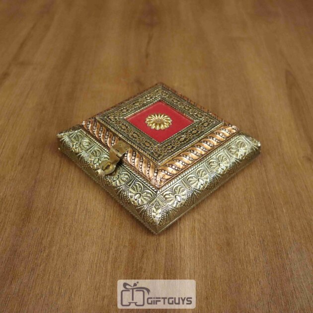 Oxidised Wooden Dry Fruit Box – 2 Partition Embossed Velvet Gift Box