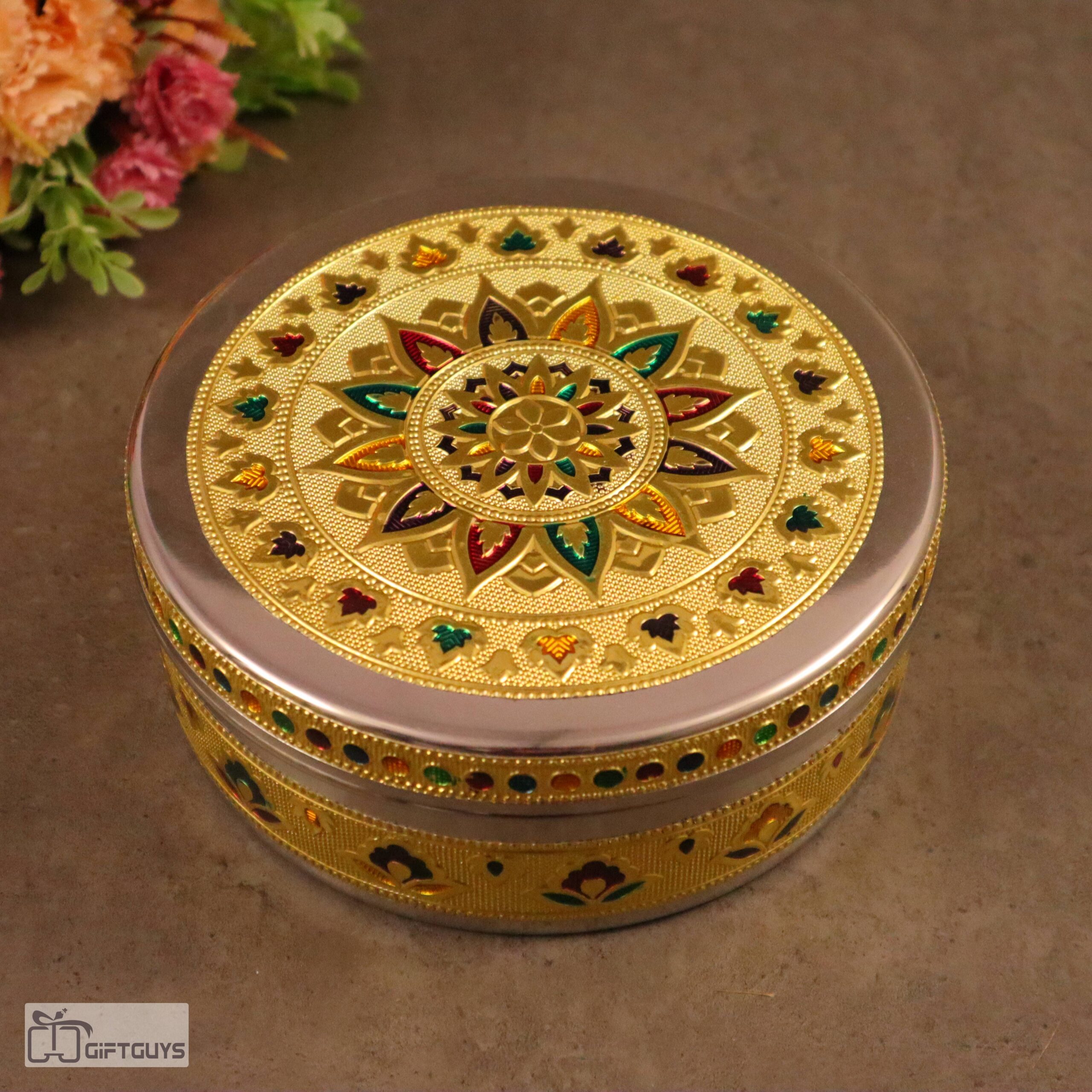 Golden Meenakari Steel Box 6.5″ x 2.5″ | Decorative Multicolor Enamel Storage Container