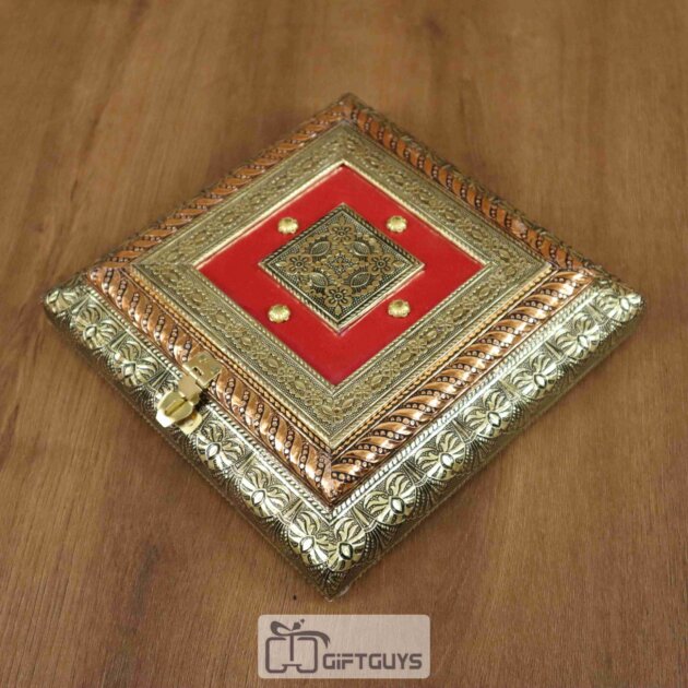 Oxidised Wooden Dry Fruit Box – 4 Partition Embossed Velvet Gift Box