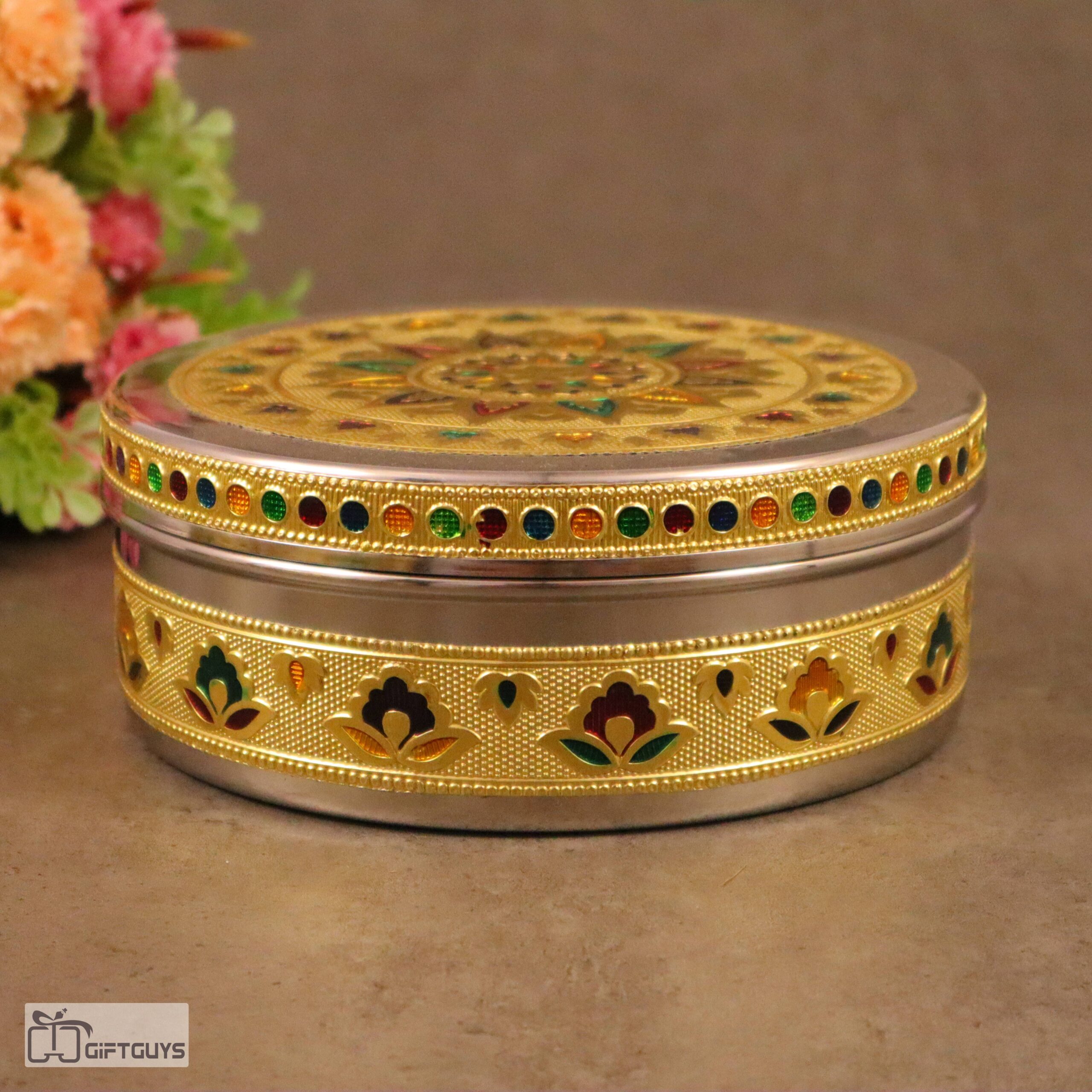 Golden Meenakari Steel Box 6.5″ x 2.5″ | Decorative Multicolor Enamel Storage Container - Image 5