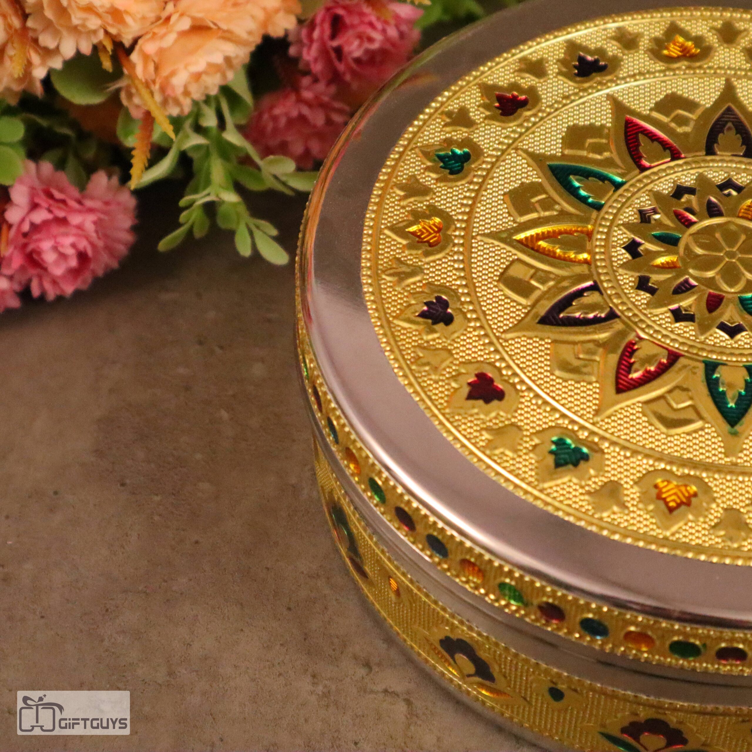 Golden Meenakari Steel Box 6.5″ x 2.5″ | Decorative Multicolor Enamel Storage Container - Image 4