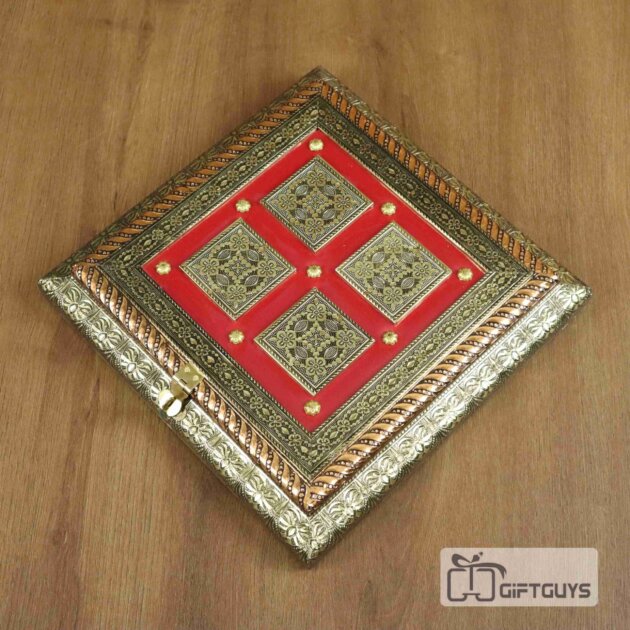 Oxidised Wooden Dry Fruit Box – 4 Partition Embossed Velvet Gift Box