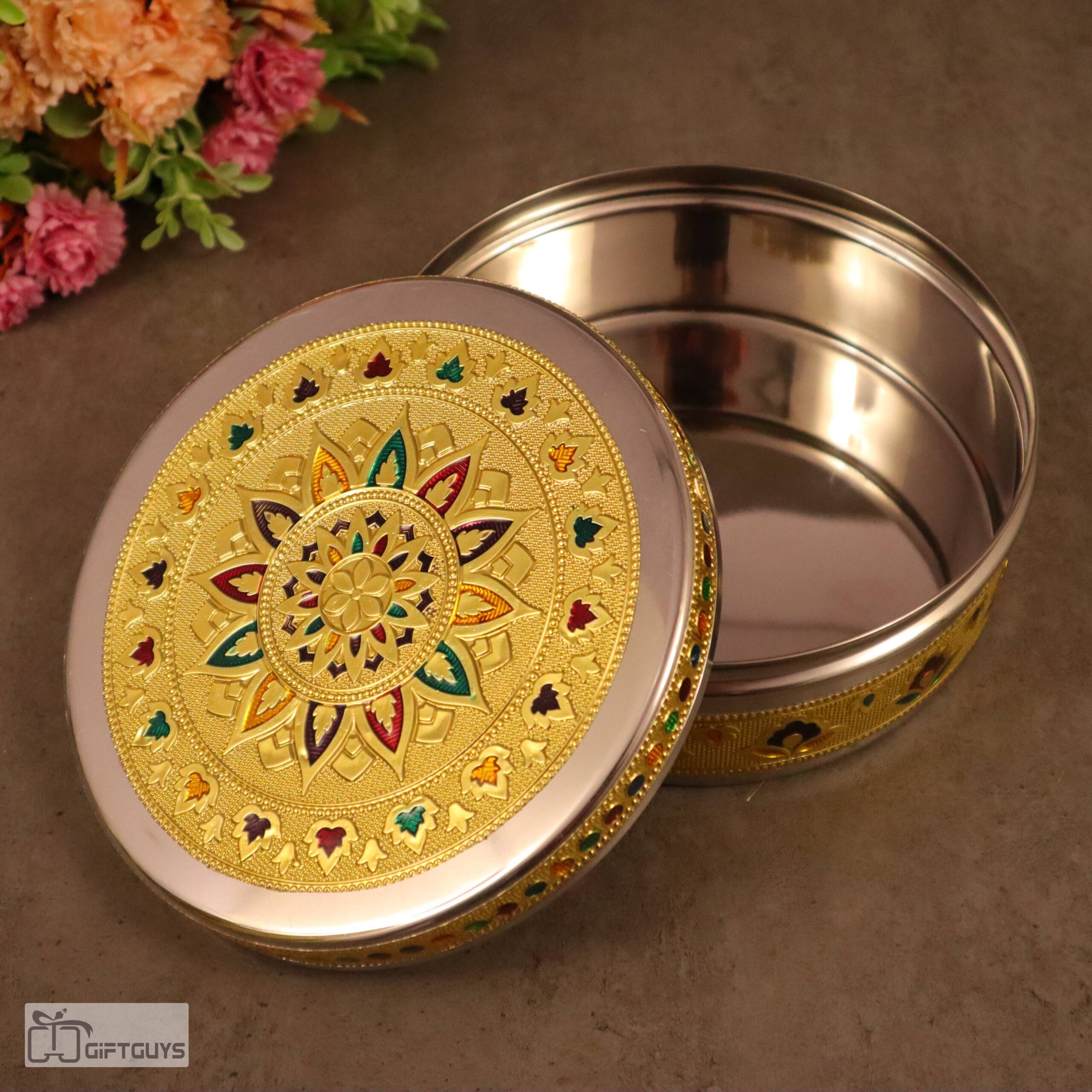 Golden Meenakari Steel Box 6.5″ x 2.5″ | Decorative Multicolor Enamel Storage Container - Image 3