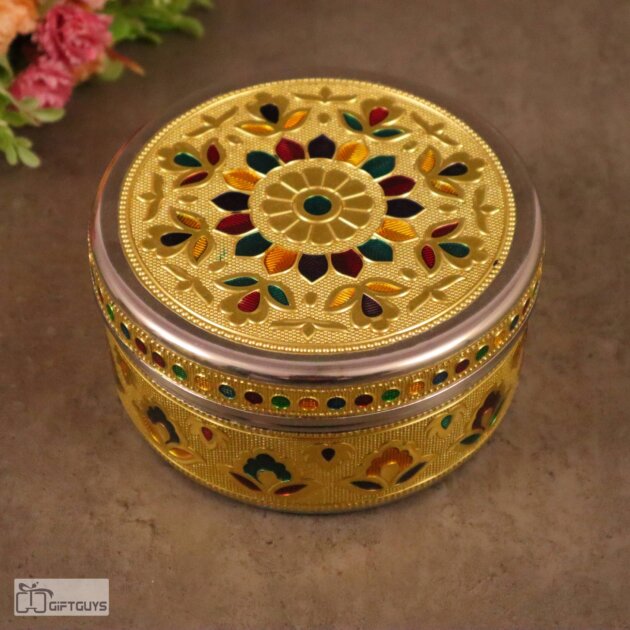 Golden Meenakari Steel Box 5.5" x 2.5" | Decorative Multicolor Enamel Storage Container