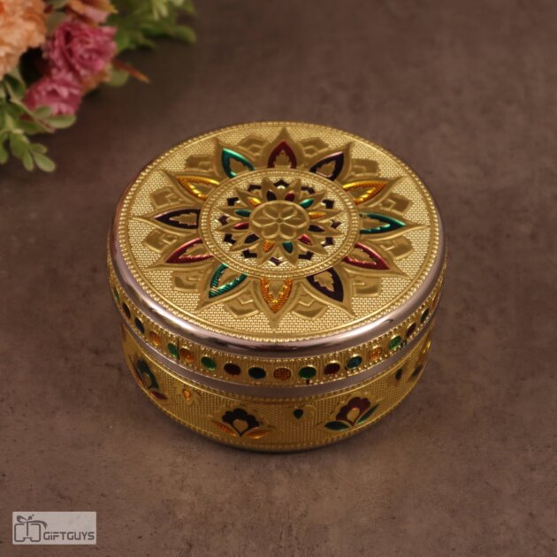 Golden Meenakari Steel Box 4.5" x 2.25" | Decorative Multicolor Enamel Storage Container