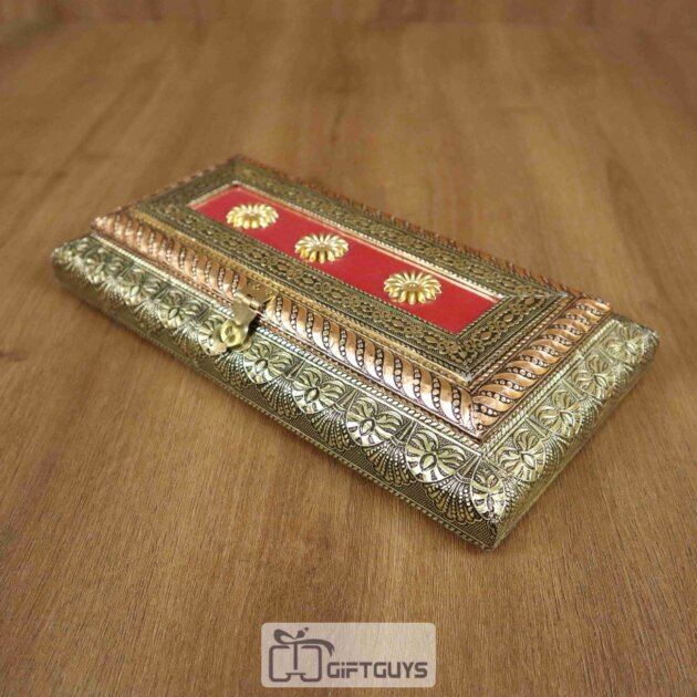 Oxidised Wooden Dry Fruit Box – 3 Partition Embossed Velvet Gift Box