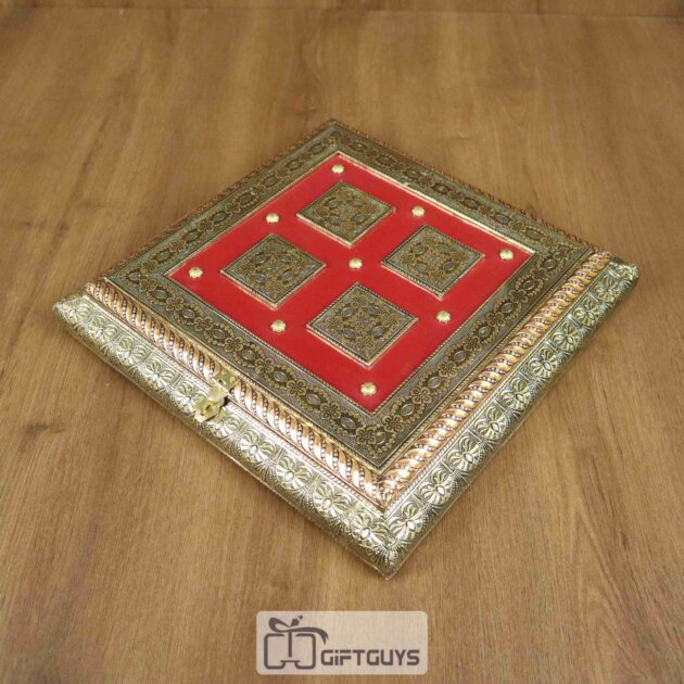 Oxidised Wooden Dry Fruit Box – 6 Partition Embossed Velvet Gift Box