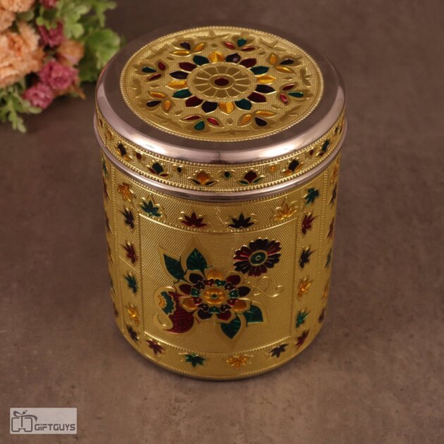 Meenakari Steel Storage Container – 6x7.5 Inch | Decorative Floral Gift Box