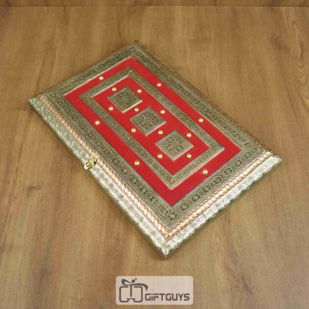 Oxidised Wooden Dry Fruit Box – 9 Partition Embossed Velvet Gift Box