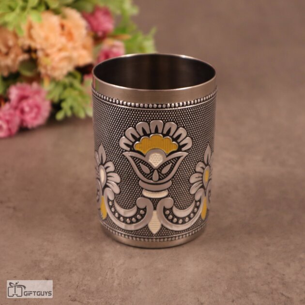 Meenakari Stainless Steel Glass – 250 ml Traditional Floral Design Tumblers for Kitchen & Gifting
