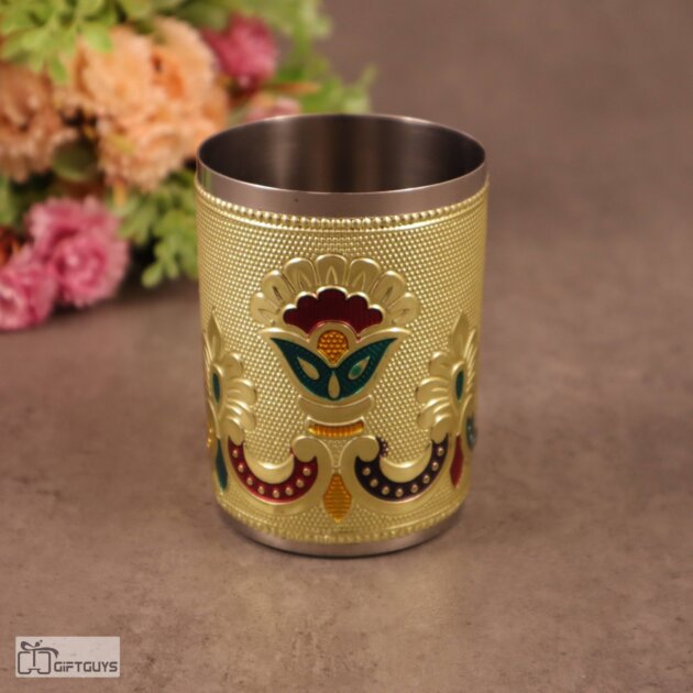 Golden Meenakari Stainless Steel Glasses – 250 ml Traditional Floral Design Tumblers for Kitchen & Gifting