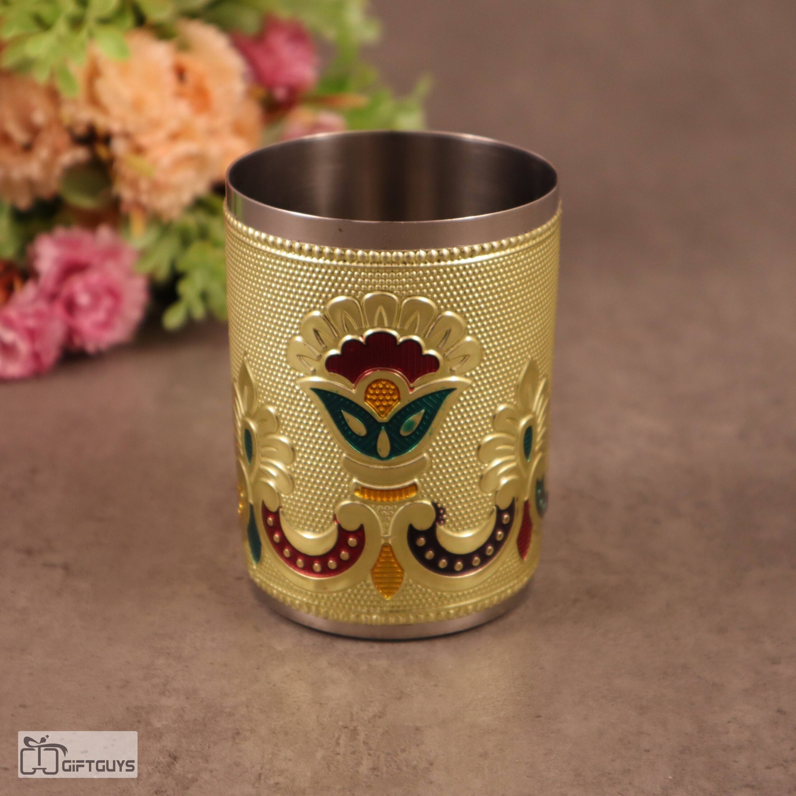 Golden Meenakari Stainless Steel Glasses – 250 ml Traditional Floral Design Tumblers for Kitchen & Gifting