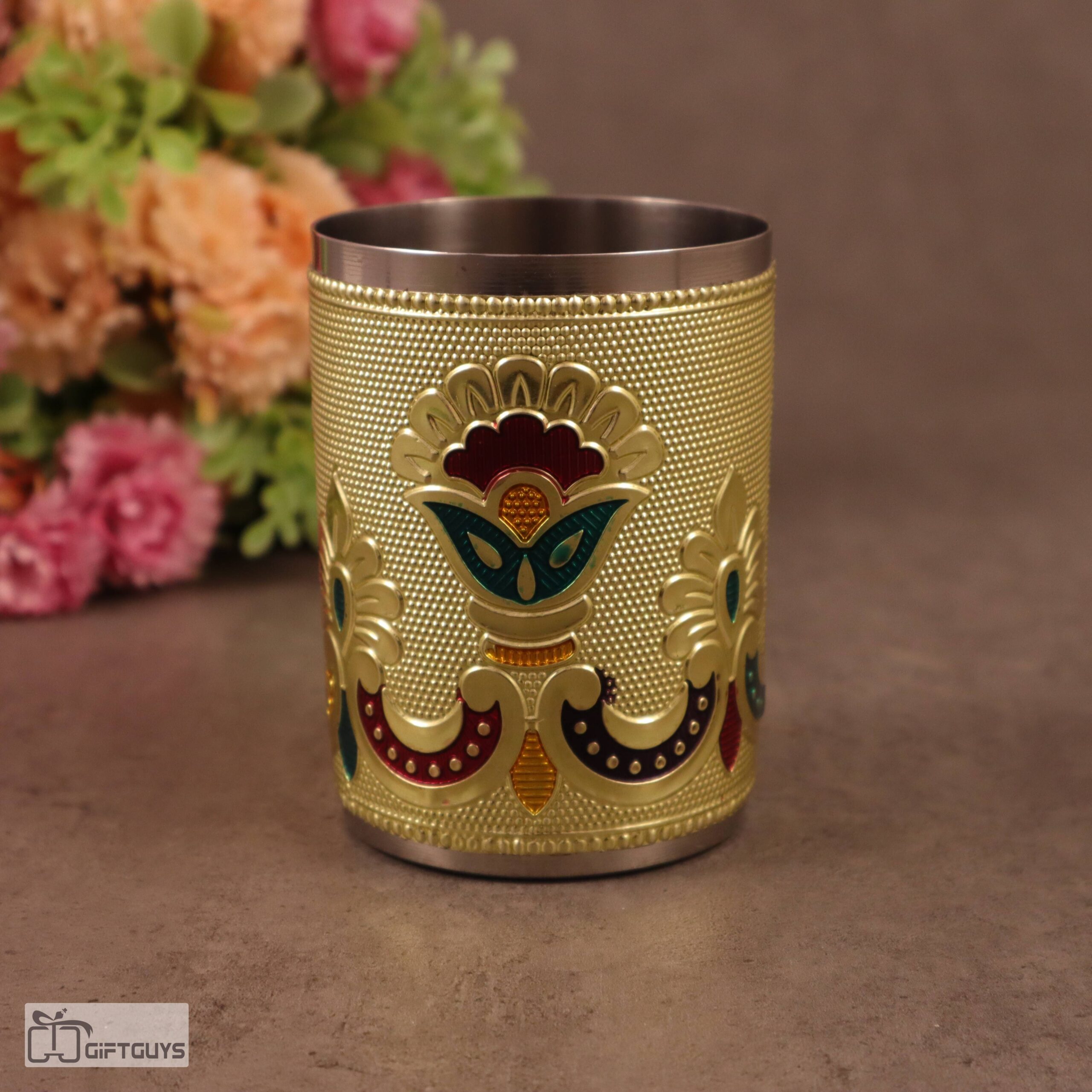 Golden Meenakari Stainless Steel Glasses – 250 ml Traditional Floral Design Tumblers for Kitchen & Gifting - Image 3
