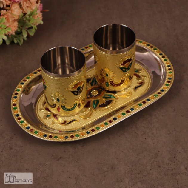 Golden Meenakari Tray Set with 2 Glasses – 250ml | Decorative Steel Serving Set – 10 X 6.5 Inch