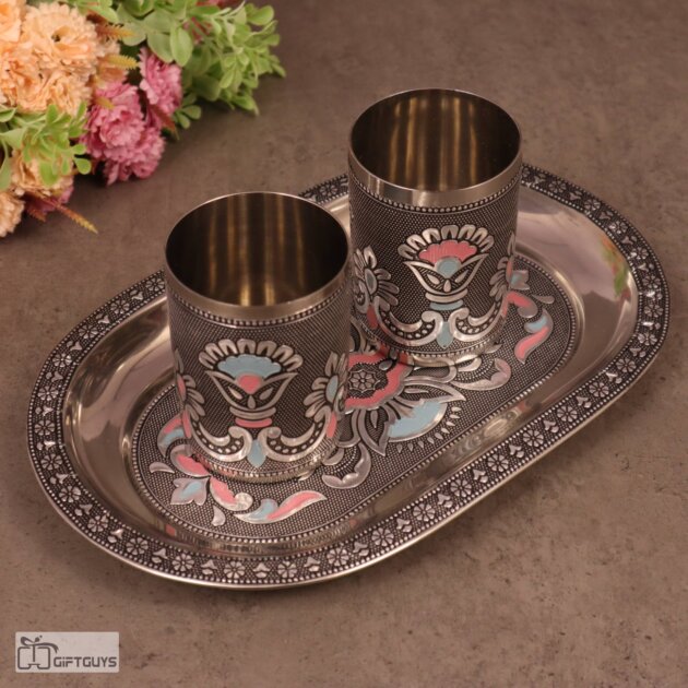 Meenakari Steel Tray Set with 2 Matching Glasses – 250ml | Traditional Serving Set – 10 X 6.5 Inch Tray