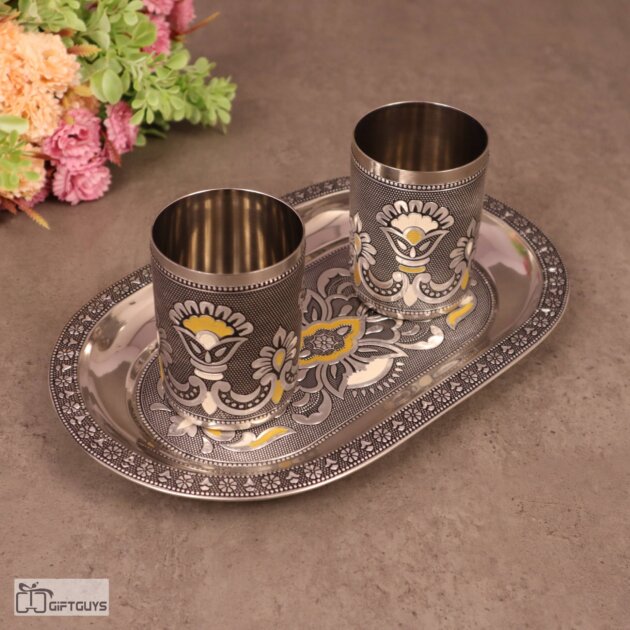 Meenakari Steel Tray Set with 2 Matching Glasses – 250ml | Traditional Serving Set – 10.5 X 6.5 Inch Tray