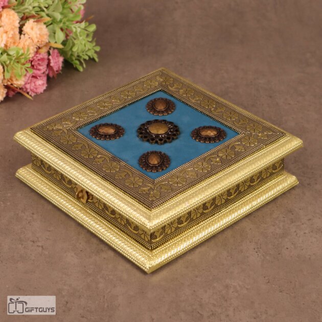Elegant Oxidised 4-Compartment Wooden Dry Fruit Box – 8x8 Inch