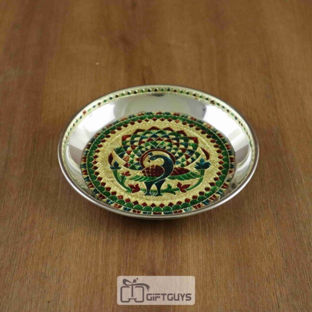 Handcrafted Meenakari Peacock Pooja Thali – 6.25 Inch Steel Plate for Festive & Daily Worship