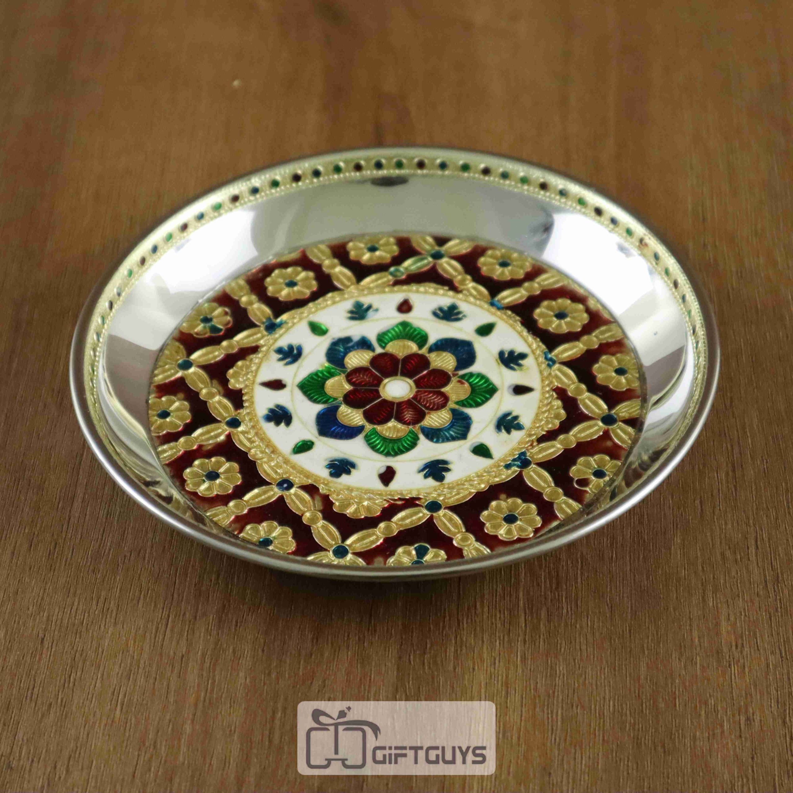 Meenakari Steel Pooja Thali – 6.25 Inch Round Plate with Floral Enamel Design
