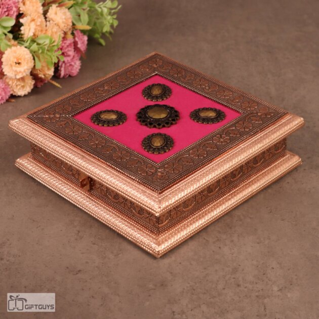 Elegant Oxidised 4-Compartment Wooden Dry Fruit Box – 8×8 Inch