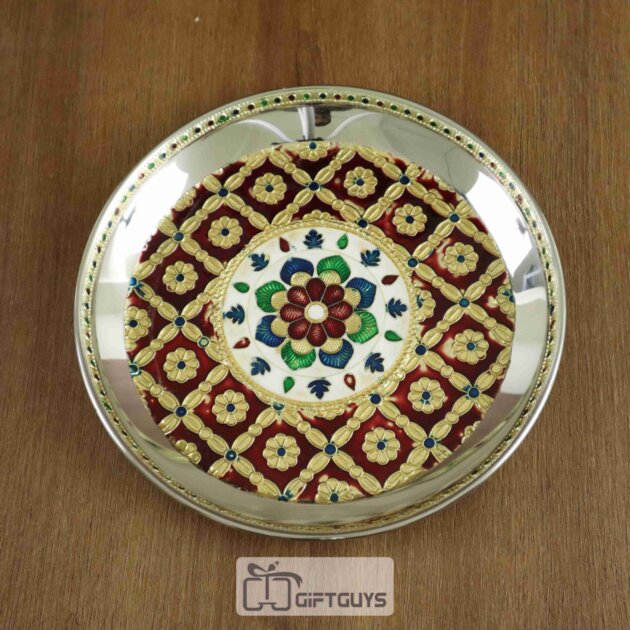 Meenakari Steel Pooja Thali – 7.25 Inch Round Plate with Handcrafted Floral Design