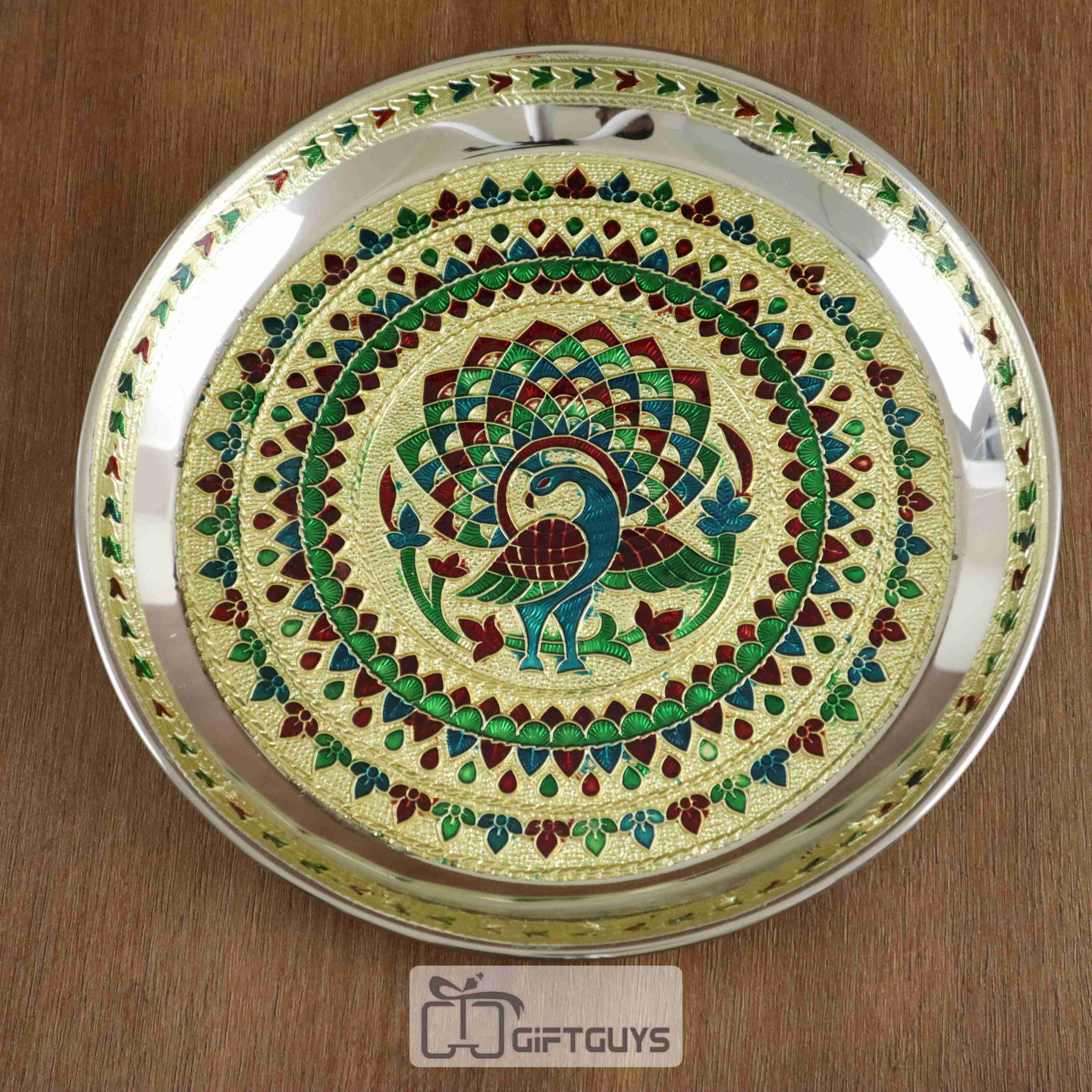 Handcrafted Meenakari Peacock Pooja Thali – 8.25 Inch Steel Plate for Festive & Daily Worship