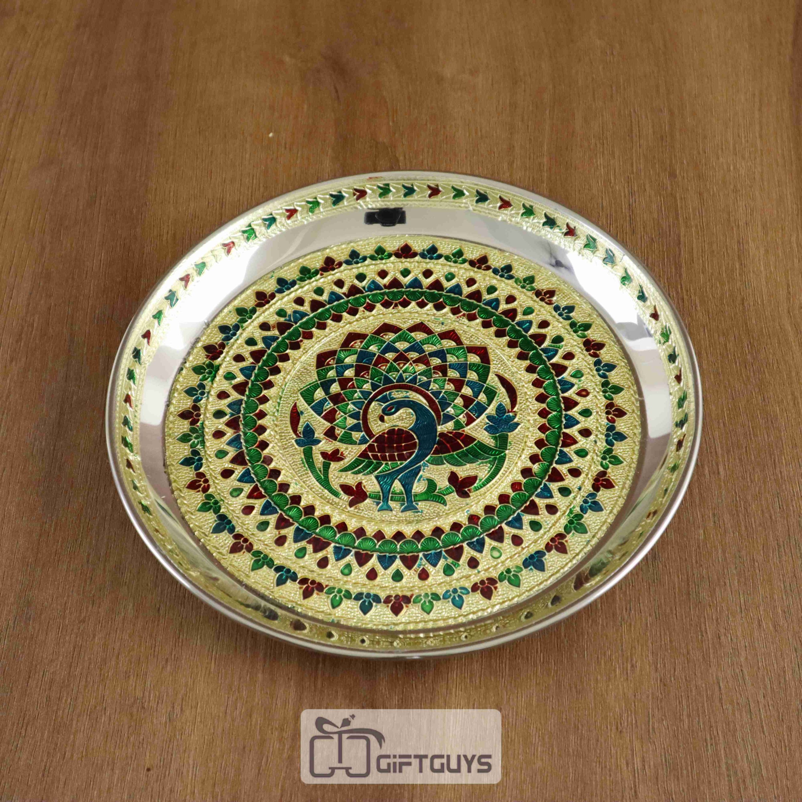 Handcrafted Meenakari Peacock Pooja Thali – 8.25 Inch Steel Plate for Festive & Daily Worship - Image 2