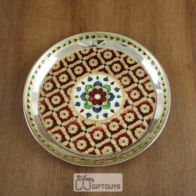 Meenakari Steel Pooja Thali – 8.25 Inch Round Plate with Handcrafted Floral Design