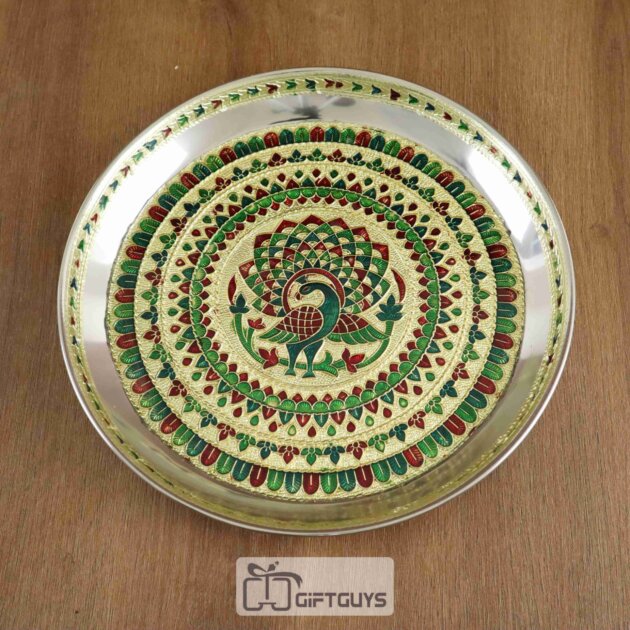 Handcrafted Meenakari Peacock Pooja Thali – 9Inch Steel Plate for Festive & Daily Worship