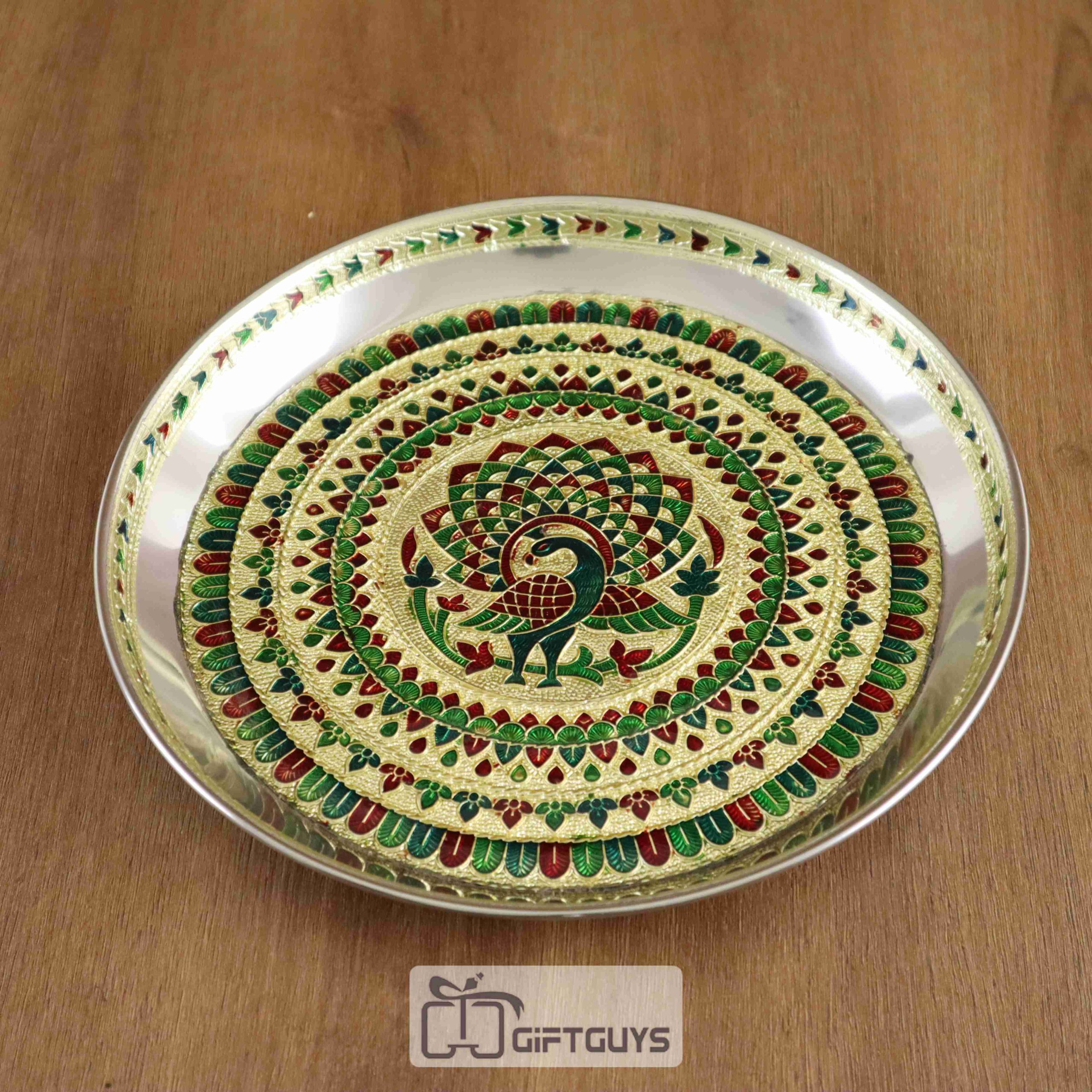 Handcrafted Meenakari Peacock Pooja Thali – 9Inch Steel Plate for Festive & Daily Worship - Image 2