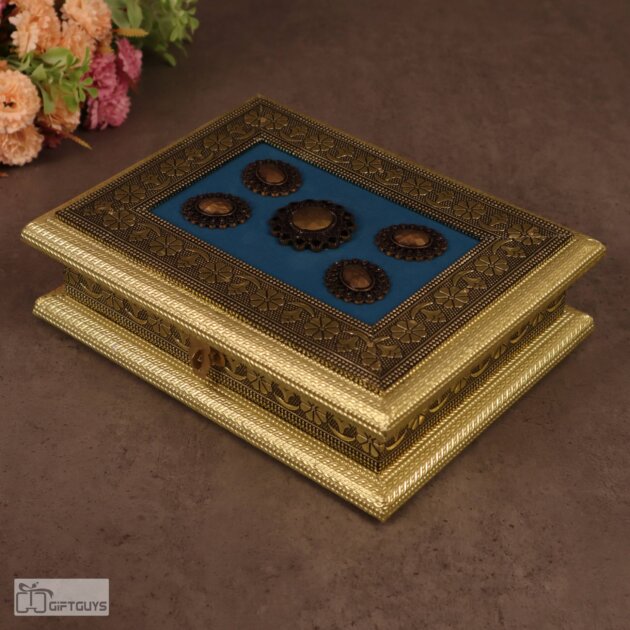 Elegant Oxidised 4-Compartment Wooden Dry Fruit Box – 9x7 Inch