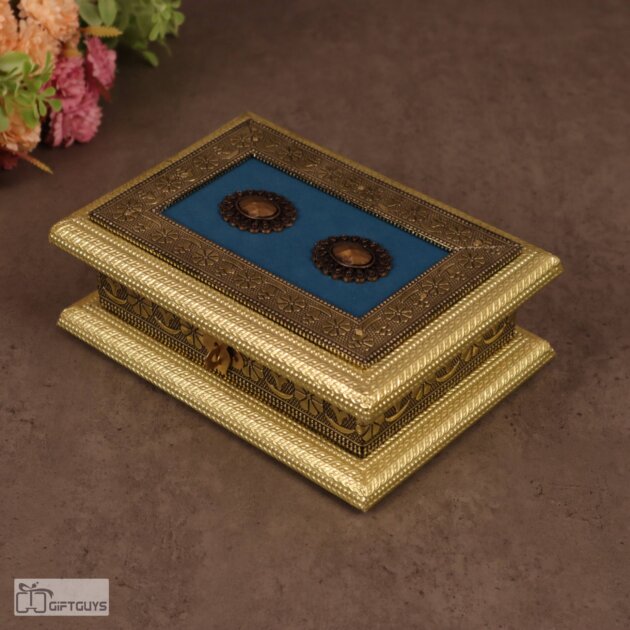 Compact 2-Compartment Wooden Dry Fruit Box – 7x5 Inch Oxidised Antique Design