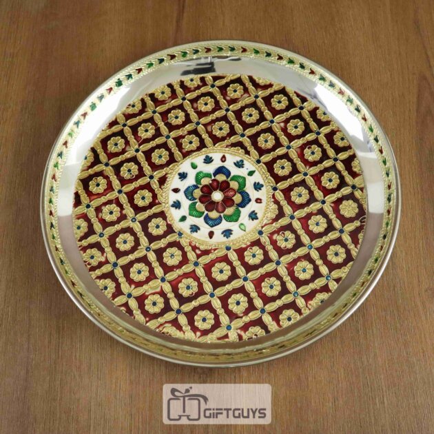 Meenakari Pooja Thali – 10 Inch Handcrafted Steel Plate with Traditional Floral Design